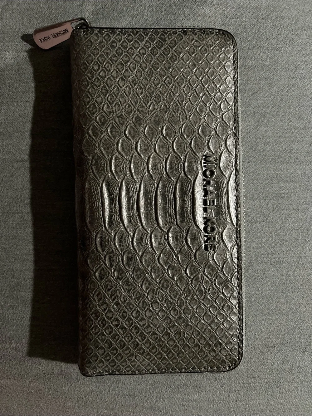 Michael Kors Metallic Silver Snakeskin Zip Around Wallet Large